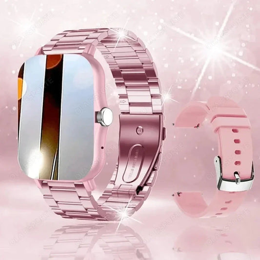 Pink metal smartwatch with reflective screen and extra pink silicone band on sparkling background