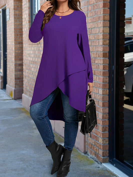 Plus Size Long Sleeve Elegant Crew Neck Asymmetrical Dipped T-shirt
