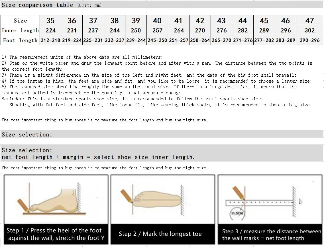 Shoe size comparison chart with foot length, inner length in millimeters, and measuring instructions.