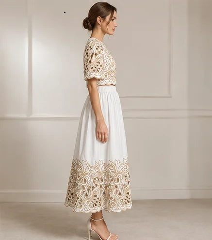 Elegant Hollow Out Color Contrast Summer Outfits Set