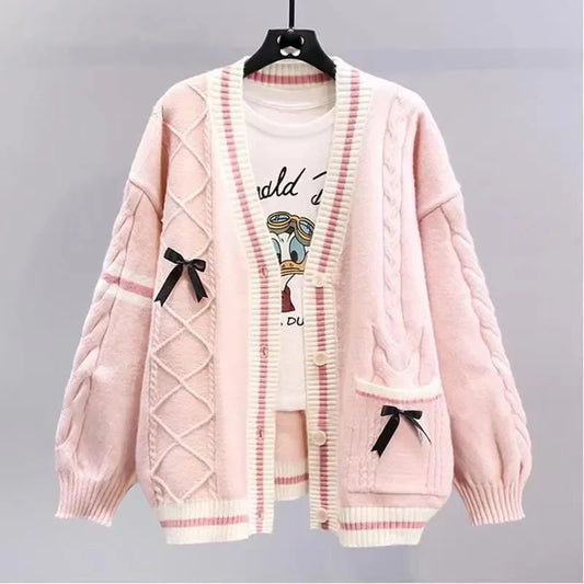 Sweet Bow Cardigans Y2K Aesthetic Contrast Color V-Neck Knitted Cardigan Sweaters Coat