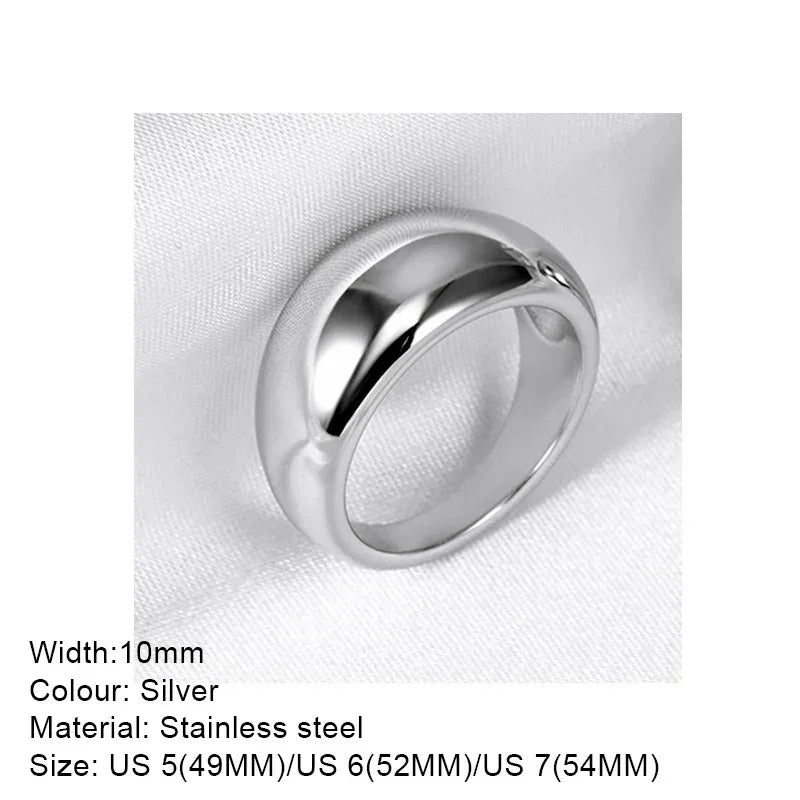 Polished silver stainless steel ring, 10mm wide, displayed on white fabric background.