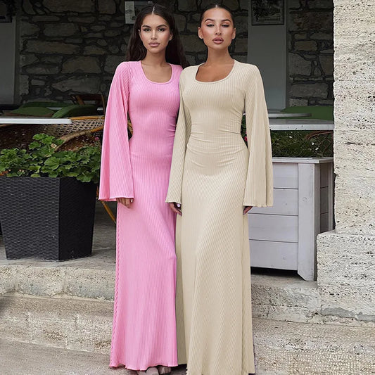 Long Flare Sleeved Maxi Floor-Length Dress