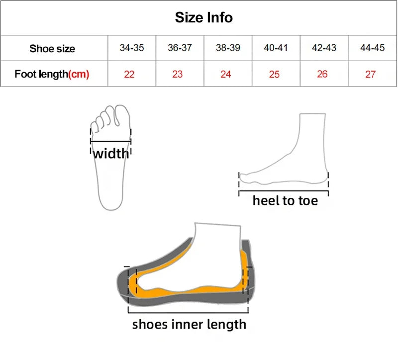 Shoe size chart with foot length measurements in cm and diagrams showing how to measure width, heel to toe, and inner shoe length.