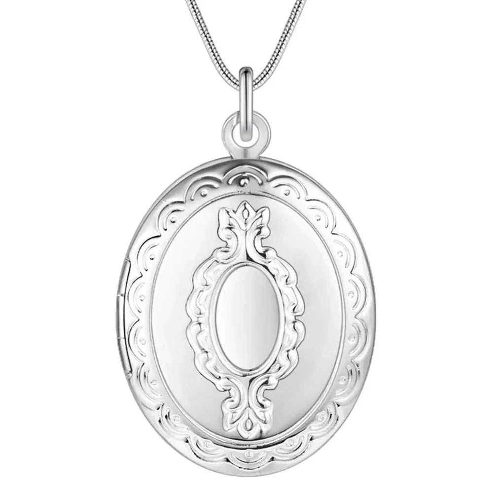 925 Sterling Silver Oval Round Photo Frame Necklace
