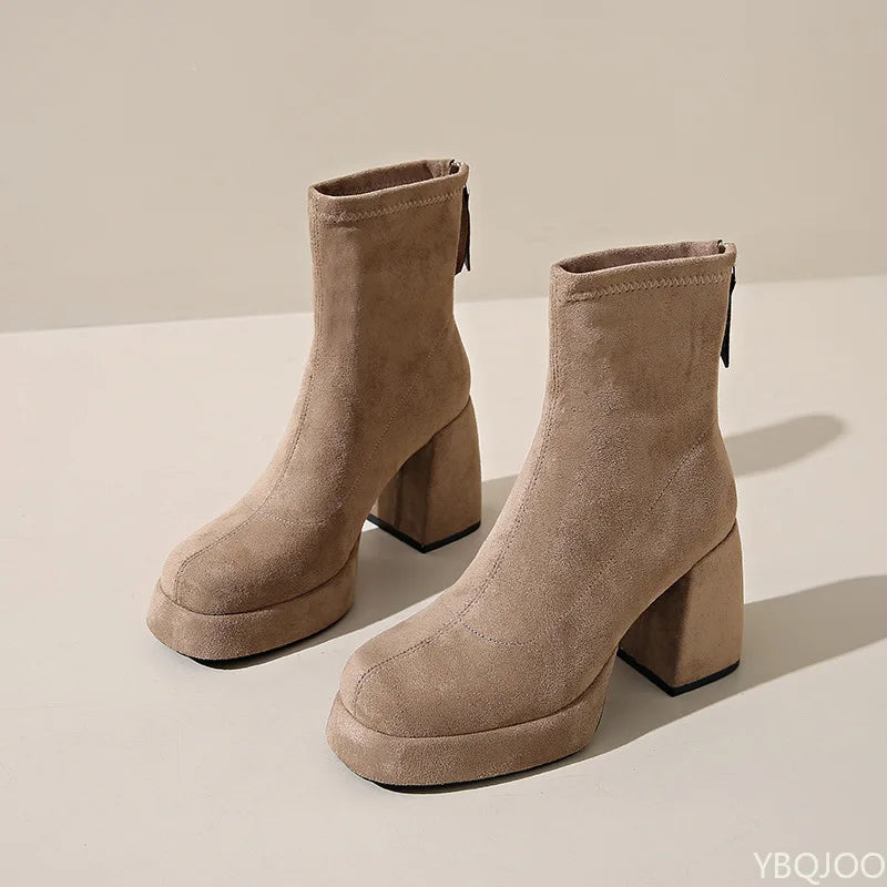 Thick soled high-heeled back zipper short boots