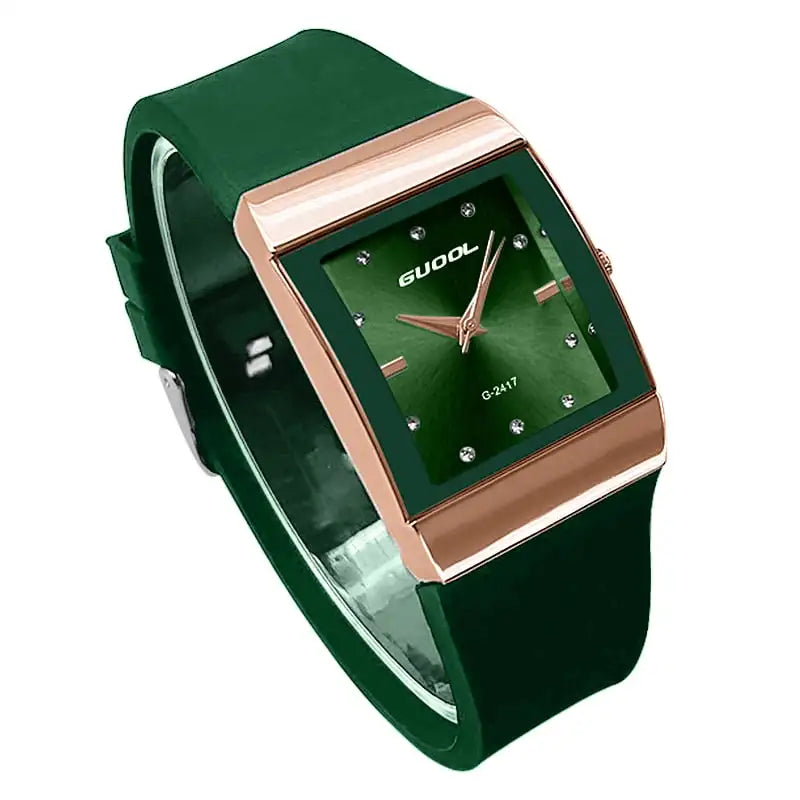 Quartz Rose Gold Square Case Black Silicone Strap Dial Crystal Watch