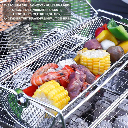 Stainless Steel Rolling BBQ Grill Mesh Basket Grill Rotisserie