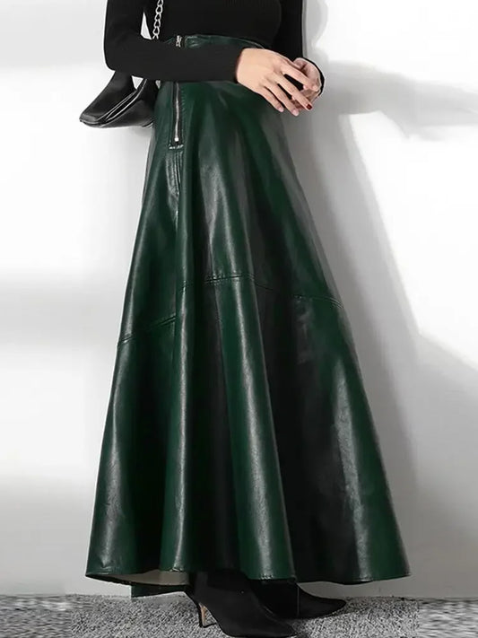 Elegant Long Casual High Waist PU Leather Maxi Skirts