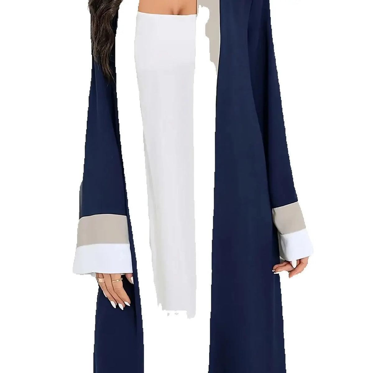Casual Ramadan Open-Neck Long-Sleeved Color-Block Slim-Fit Dress