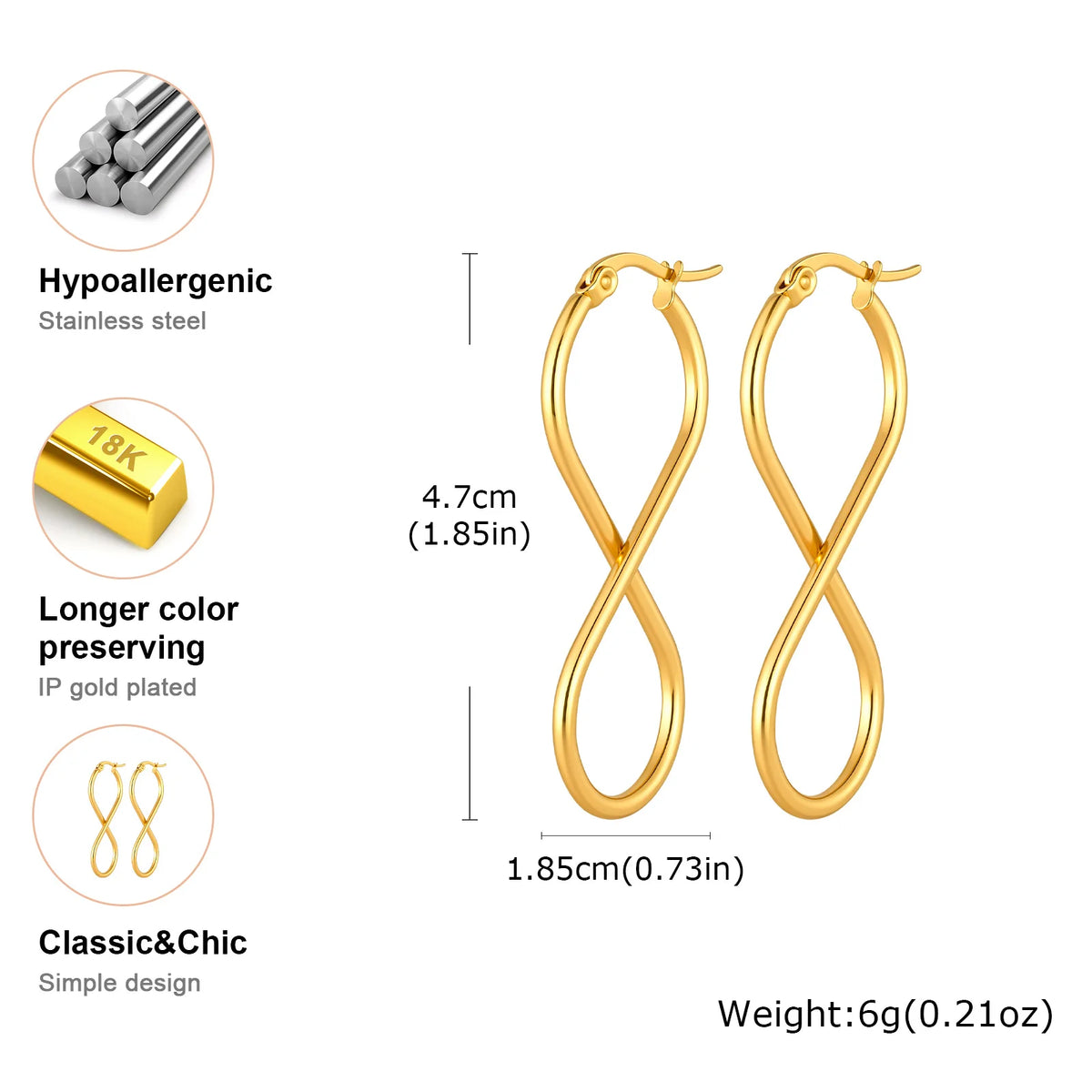 Twisted Infinity 18K Gold Plated Stainless Steel Trendy Minimalist Geometric Hoop Earrings