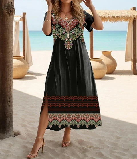 Ethnic Bohemian floral print short-sleeved large-size dress