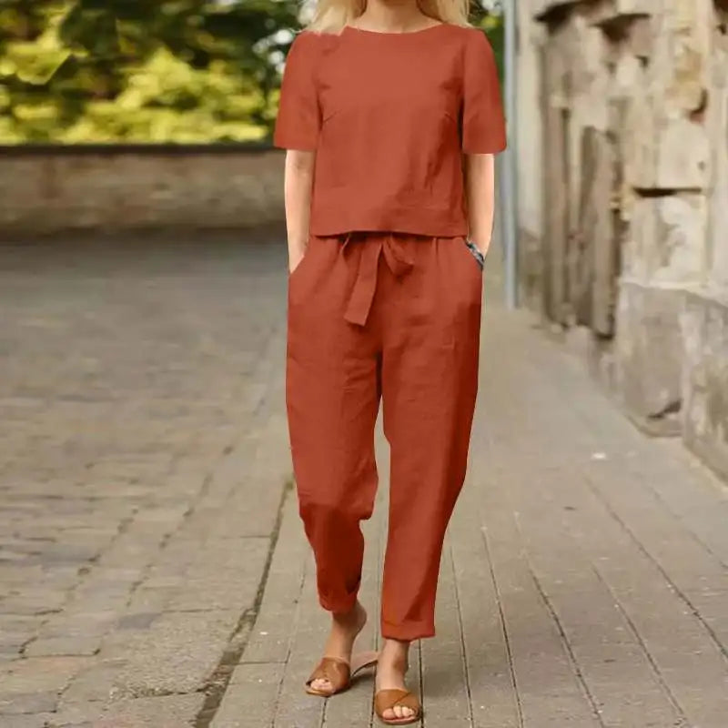 Cotton Linen Half-sleeved Wide-leg Suit