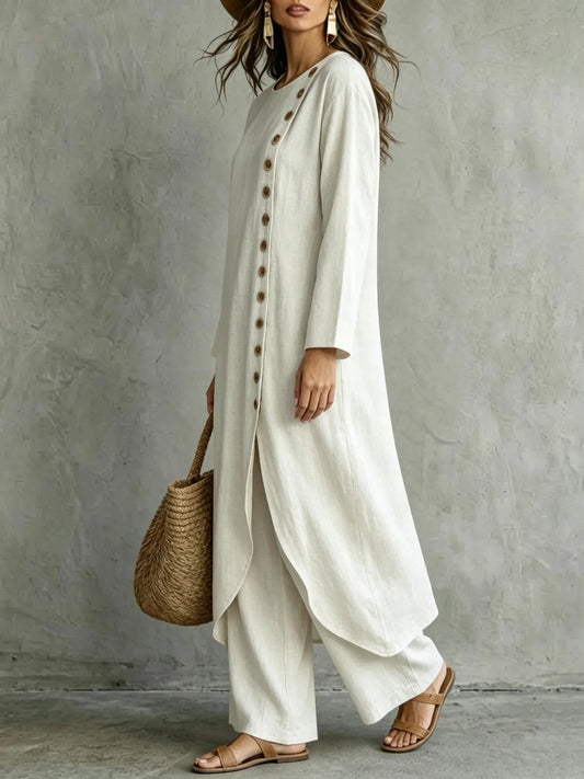 Casual Long Irregular Hem Top With Single Row Wide‑Leg Pants Set
