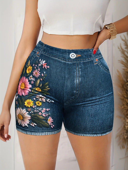 Stretch Denim with Floral Design Shorts