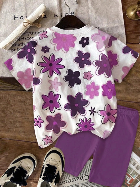 Purple Floral Print Short Sleeve T-shirt Set