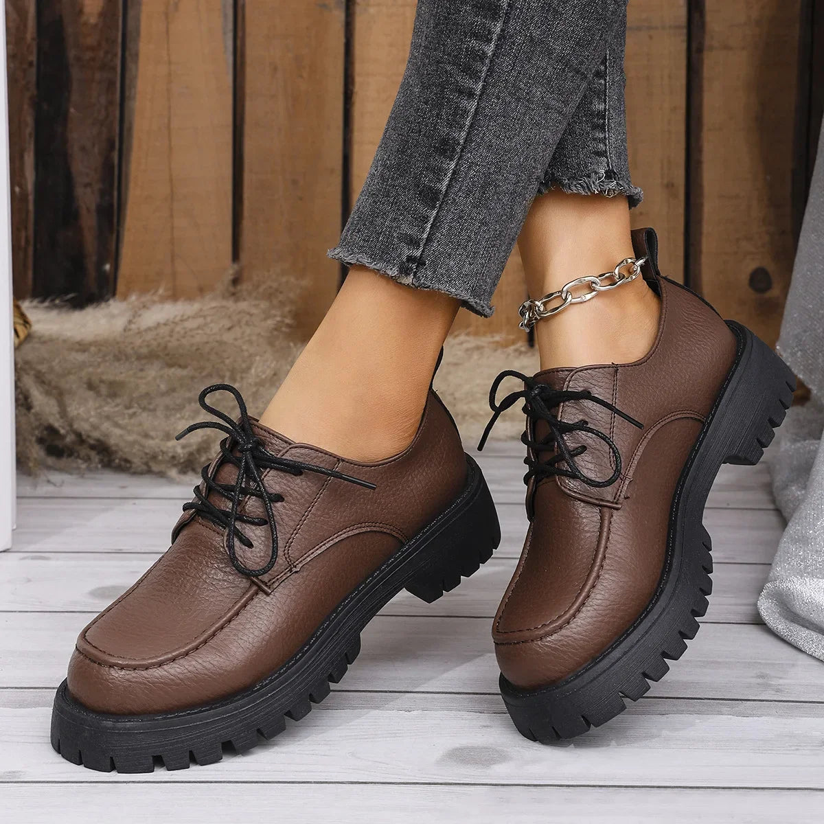 Large Size Thick-soled Loafers Style Chunky Leather Shoes