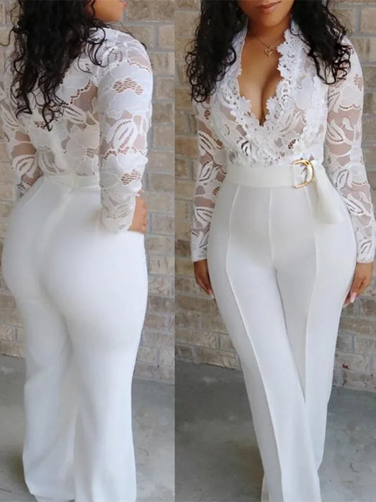 White Overalls Elegant Lace Long High Waist