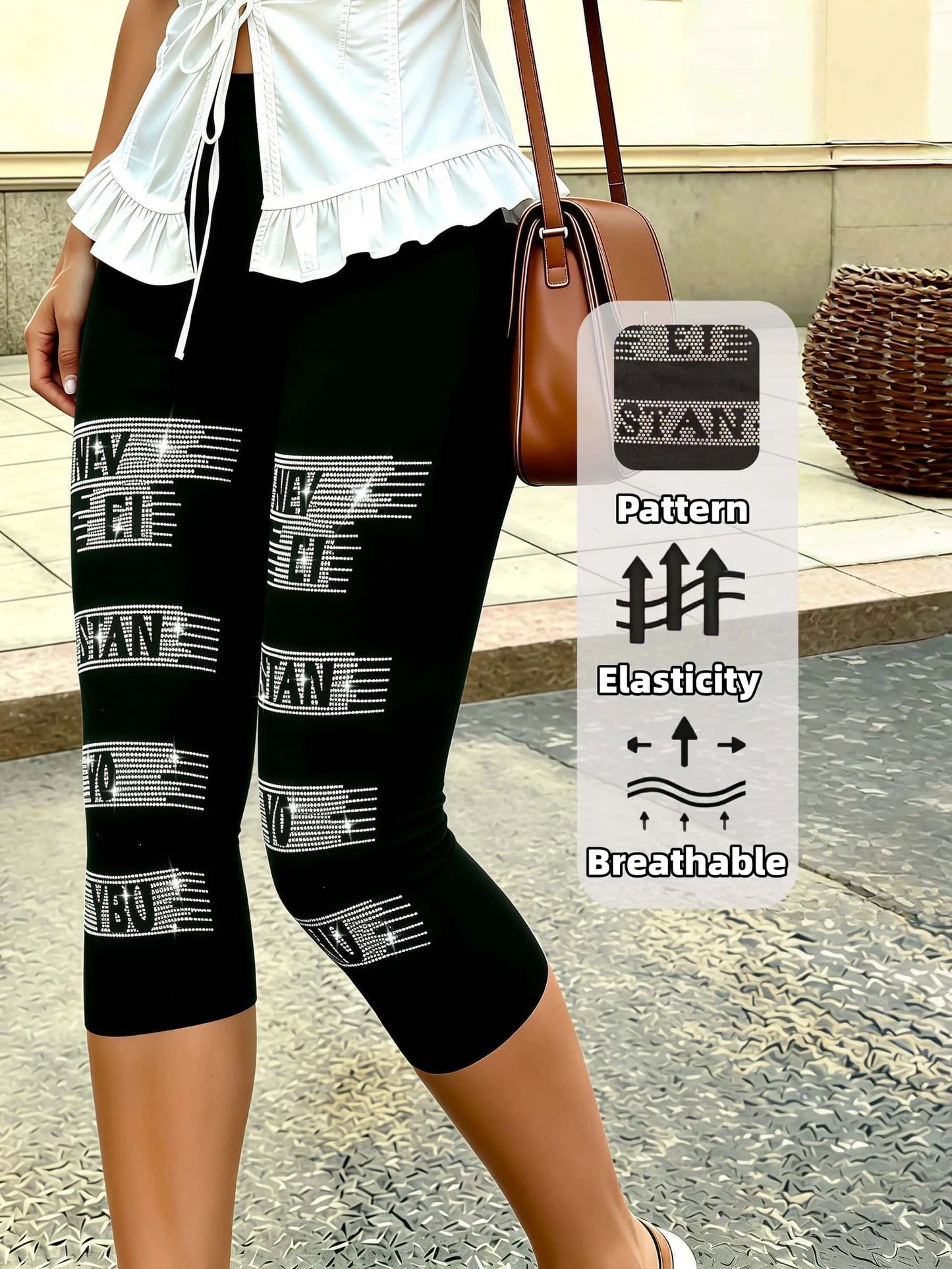 High Stretch Black Capri Pants With Rhinestone Embellishment