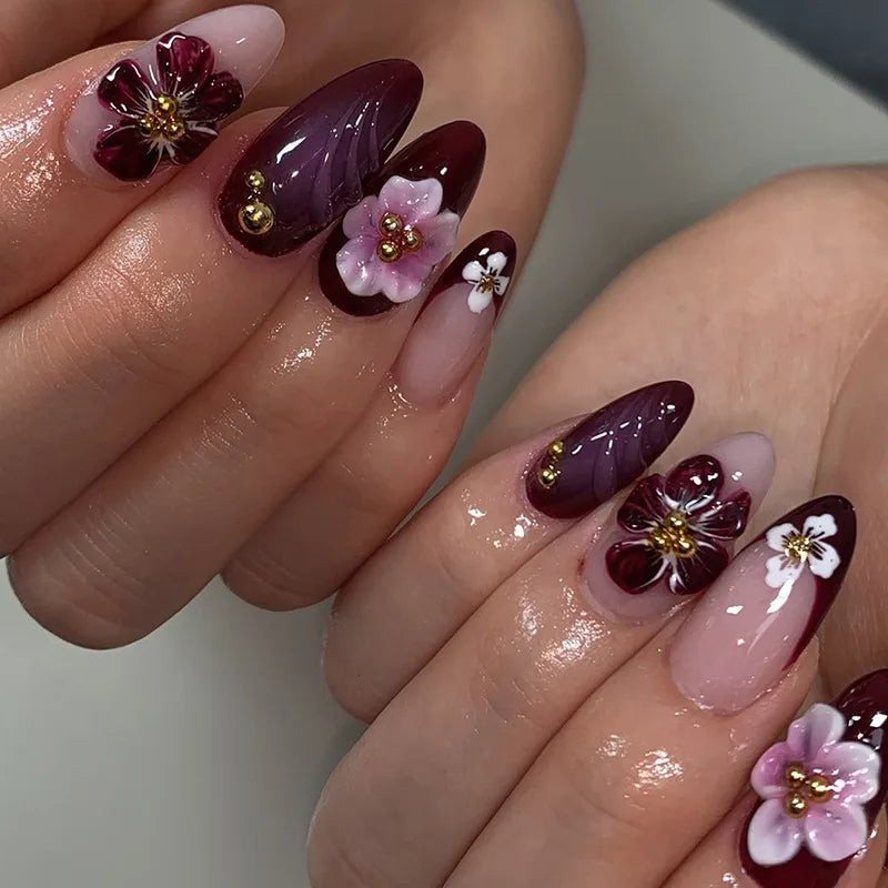24Pcs Gilded 3D Flower Press on Nails Black French Leopard Print False Nails