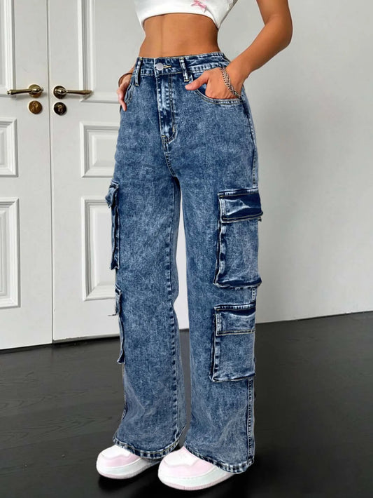 Street Multi Flap Pockets Tape Elastic Waist Straight Leg Cargo Jeans