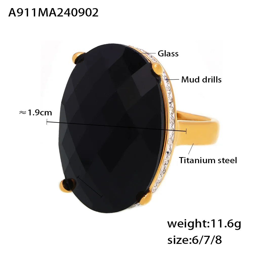 Big Oval Glass Stone Stainless Steel Rings