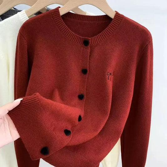 Cardigan Bow O-Neck Heart-shaped Button Sweater