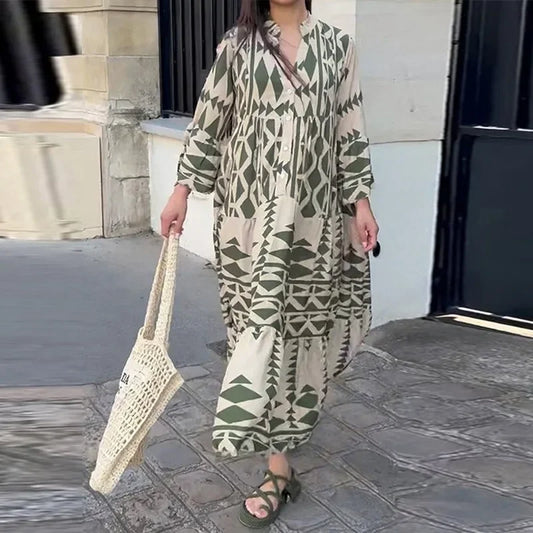 Vestido largo de manga larga con cuello en V y cintura alta