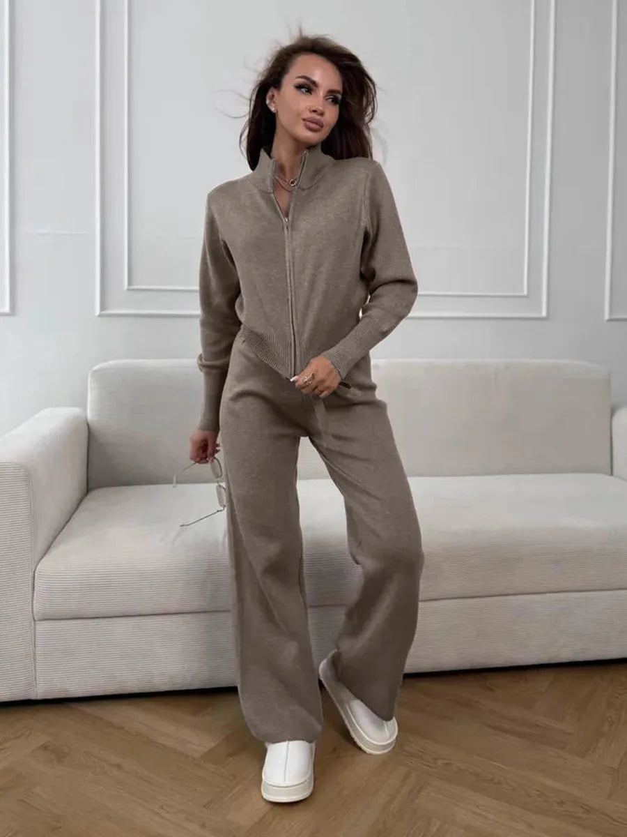 Knit Zip Up Cardigan Wide Leg Soft Fabric Cropped Sets
