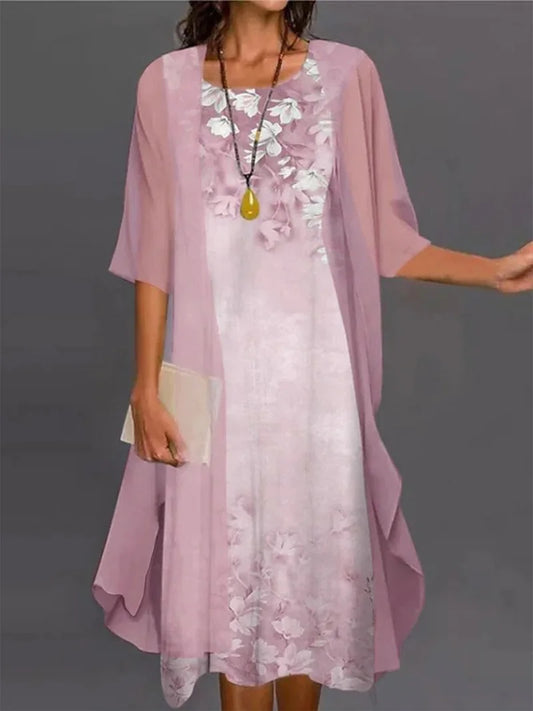 Casual floral print round collar maxi Dress