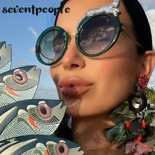 Oversized Round Crystal Leopard Sun Glasses