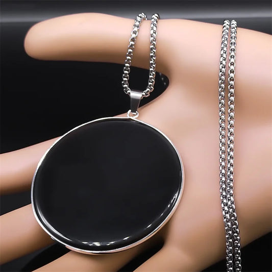 Big Black Obsidian Necklace Stainless Steel Natural Stone