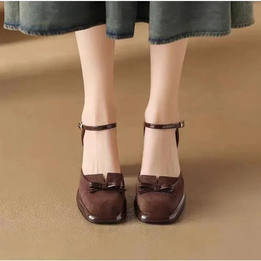High-end strap high-heeled bow-shaped square-toe chunky heel sandals
