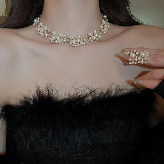 Rhinestone Pearl Rectangular Necklace Set