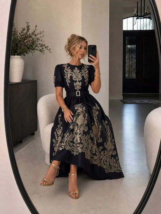 Vintage Gold Floral Print Maxi Short Puff Sleeve Long Dress