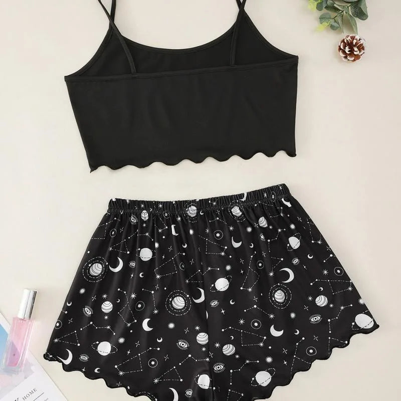 Star Moon Printed Sleeveless Sling Crop Tops and Shorts Sleepwear Pajamas Set