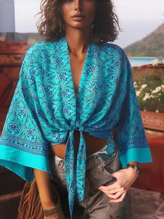 Boho Queens Red Floral Beach Kimono Short Robe Swimsuits