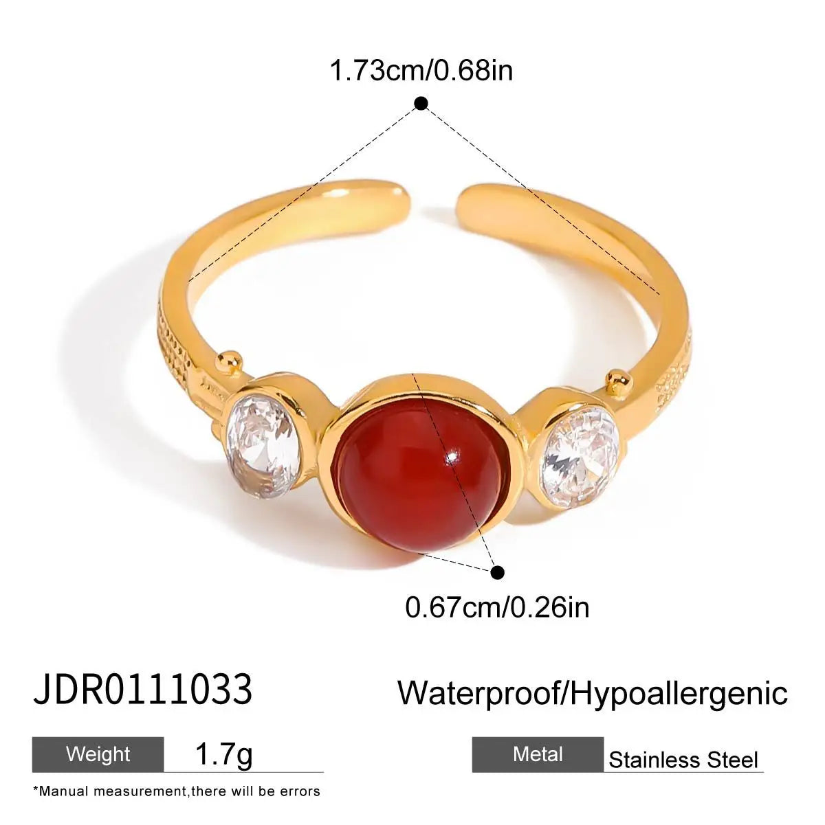 Ars Red Agate Stone Rings 18k Gold Plated Stainless Steel Ring