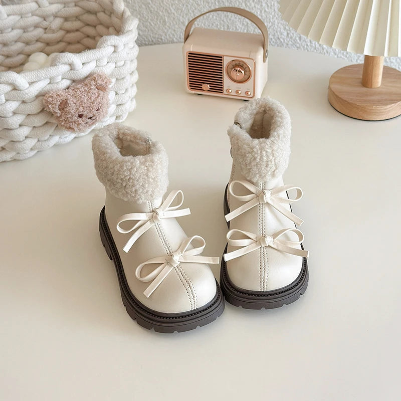 Round Toe Cute Bow Zipper Short Warm Snow Boots