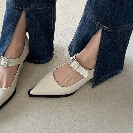 Mary Jane Belt Buckle Medium Heel Small Leather Shoes