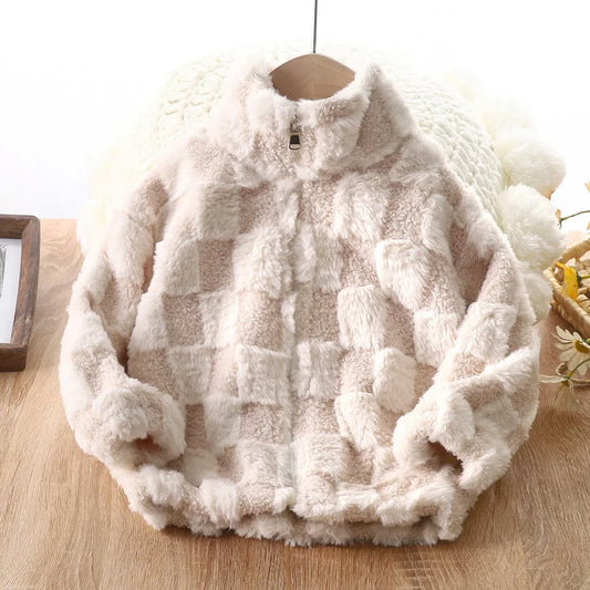 Plaid Pattern Fleece Coat Thick Cardigan with Zipper Stand Cozy Winter Coat