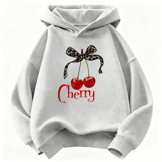 Leopard Bow with Cherry Print Hoodie Sweatshirt Y2k Hoody