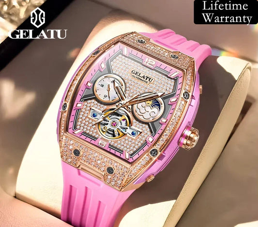 Fully Diamond Luxury Hollowed Moon Phase Waterproof Automatic Mechanical Watches
