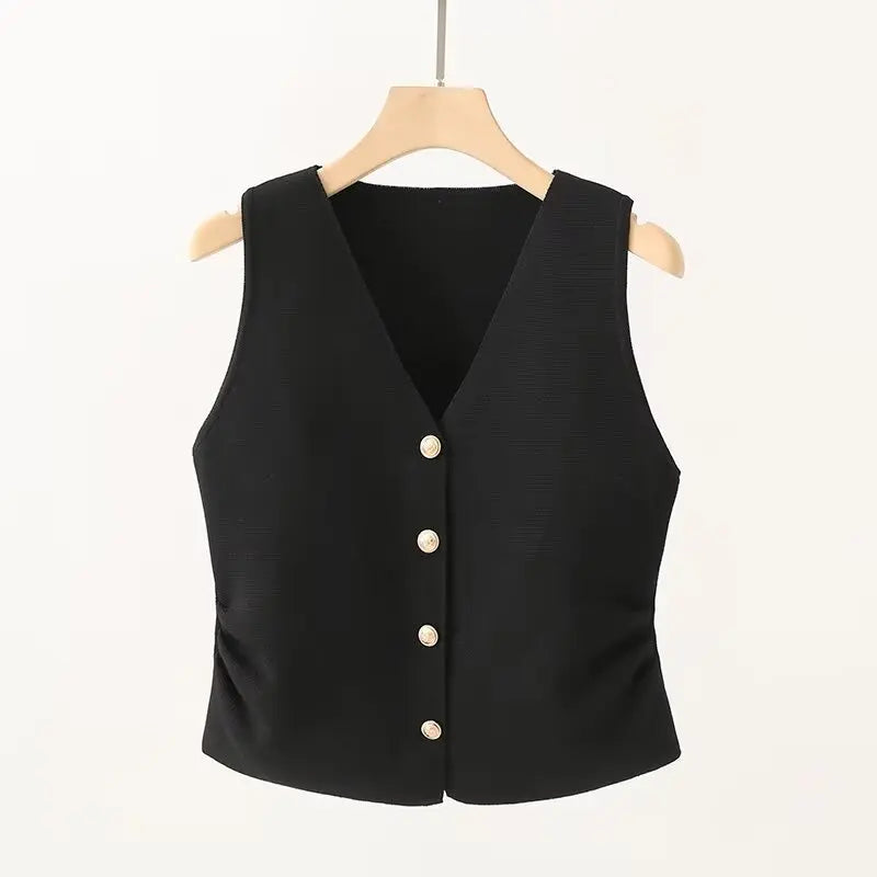 Gold Button Front Vest V-Neck Ruched Waist Sleeveless Knit Jacket