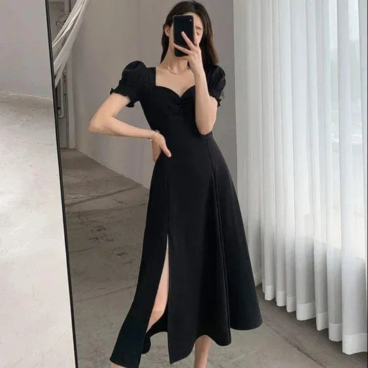 Solid Puff Short-Sleeved Elegant Slit Dress
