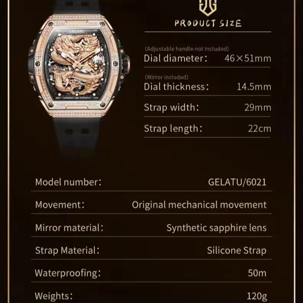 Hollow Silicone Strap Waterproof High Full Diamond Dragon Dial Automatic Mechanical Watch