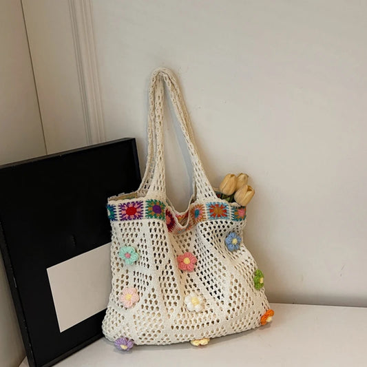 Flower Beach Tote Colorful Beads Floral Trim Natural Straw Crochet Shoulder Bag