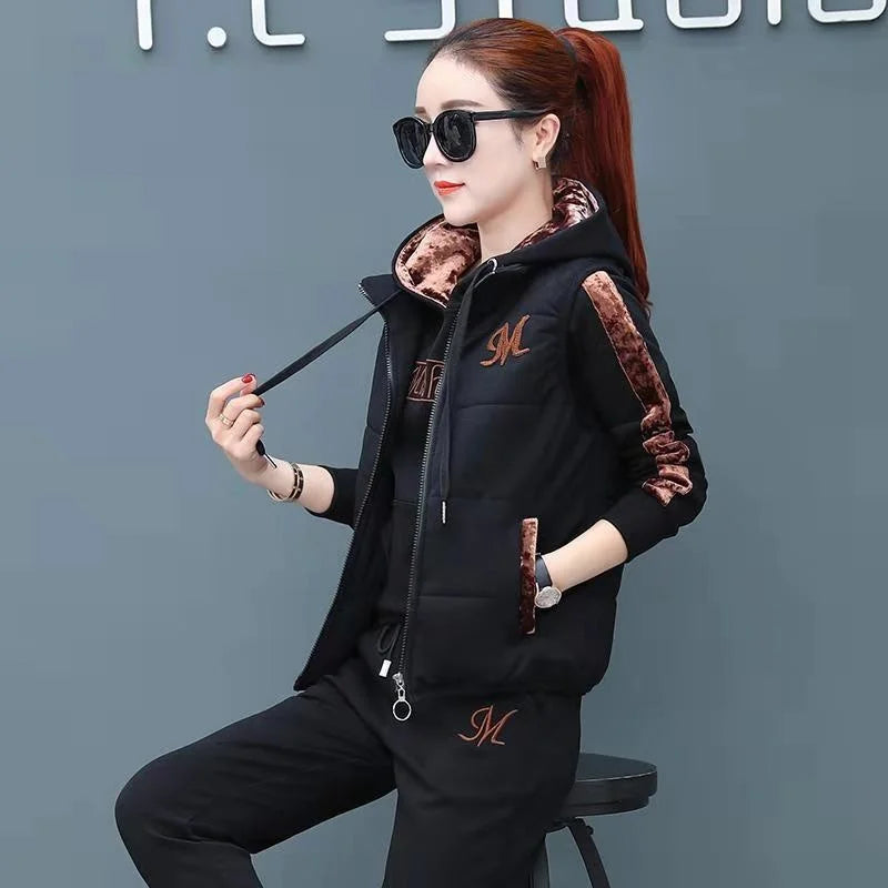 Casual Autumn Winter Thickened Hooded Waistcoat Pants 3 Three Piece Sets