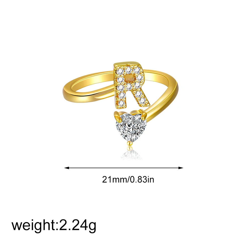 Gold Letter Open Heart Shape Cubic Zirconia A-Z 26 Letter Lnitials Rings