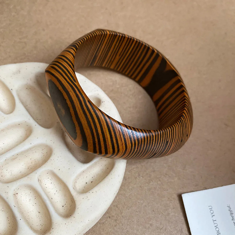 Natural Wooden Square Round Hip Hop Rivet Beads Wide Bangles Bracelet